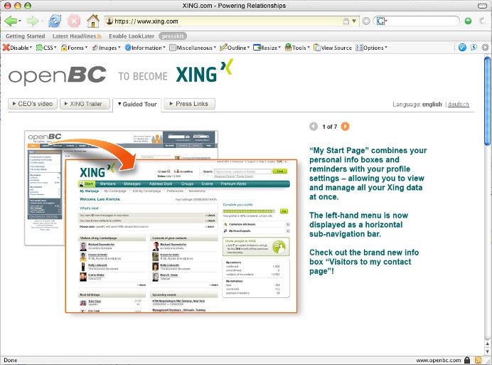 A screenshot from the 2005 website, when openBC rebranded to XING.