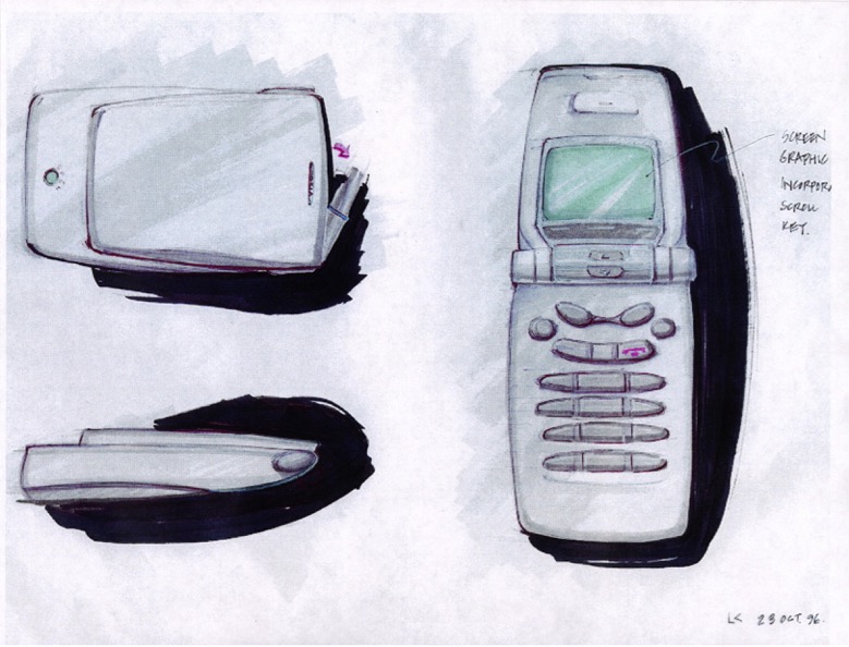 Sketches and notes for a clamshell phone. Dale Frye and Jeff Deacon.